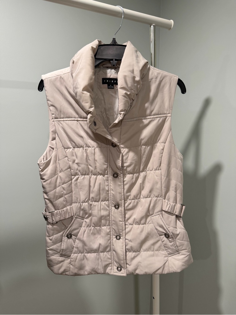 Tribal Quilted Sleeveless Puffer Vest in Light Beige